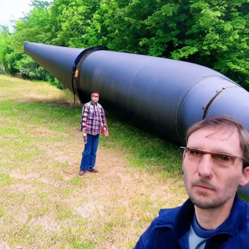 Prompt: selfie, funny intimidated ukrainian against the background of a fallen huge nuclear missile in his yard