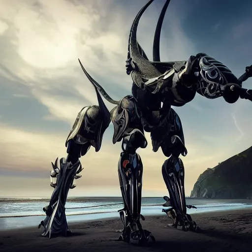 Prompt: looking up at a highly detailed 300 foot tall giant exquisite beautiful female warframe, as an anthropomorphic robot dragon, posing elegantly over your tiny form, detailed legs looming over you, camera on the ground, at the beach on a sunset, sleek streamlined design, streamlined matte black armor, sharp detailed claws, detailed sharp robot dragon feet, worms eye view, giantess shot, upward shot, ground view shot, leg shot, front shot, cinematic shot, high quality warframe fanart, captura, realistic, professional digital art, high end digital art, furry art, giantess art, anthro art, DeviantArt, artstation, Furaffinity, 8k HD render, epic lighting