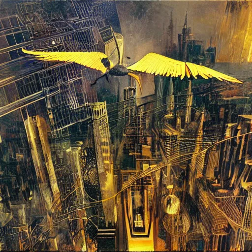 Image similar to a mechanical bird flies over a progressively rasterized digital neon city, oil on canvas by dave mckean and ivan shishkin