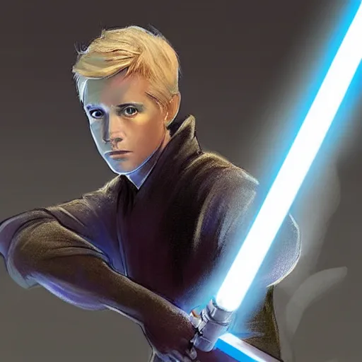 Prompt: Over-the-Shoulder Shot !dream full body Over-the-Shoulder Shot of a young blonde male jedi with short hair with his blue lightsaber is ignited illuminating him and the scene, concept art by Doug Chiang cinematic concept art, realistic painting, high definition, digital art, matte painting, symmetrical, very detailed, realistic, dramatic lighting, cinematic, establishing shot, extremely high detail, photo realistic, cinematic lighting, post processed, concept art, artstation, matte painting, red color scheme, the Mandalorian concept art style