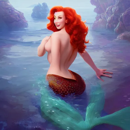 Image similar to Christina Hendricks as the little mermaid by Stanley Artgerm Lau, WLOP, James Jean, Andrei Riabovitchev, Marc Simonetti, Yoshitaka Amano, ArtStation, CGSociety