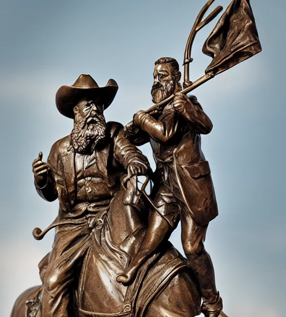 Image similar to a 4 k photorealistic photo medium shot of a bronze statue of a man with a beard wearing a cowboy hate.