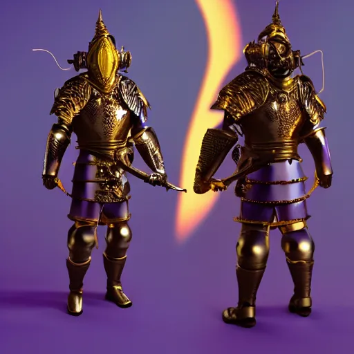 Prompt: a highly detailed knight with glowing purple eyes in a T golden helmet and a golden crown with a blue diamond in the center, golden armor, leather clothes under the armor, leather gloves, holds a black sword, artstation, DeviantArt, professional, octane render, sunset lighting