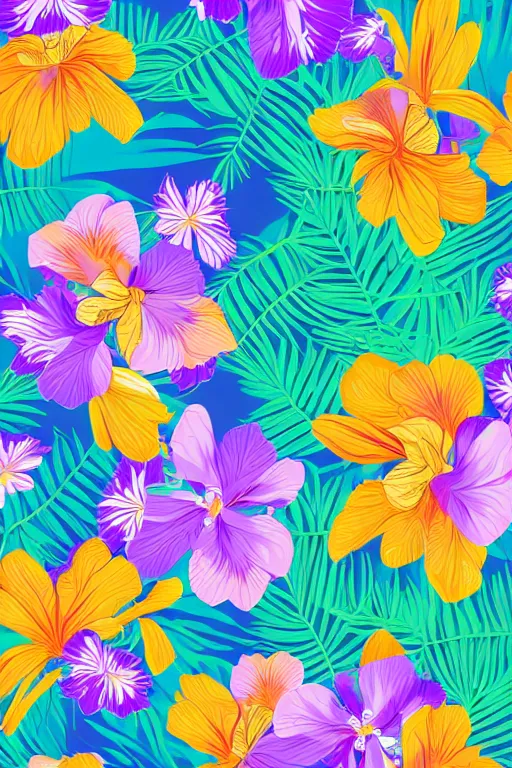 Prompt: Vector illustration of tropical flowers with multiple cohesive colors ranging from warms purples to bright oranges on a ((dark blue background)), 4K resolution