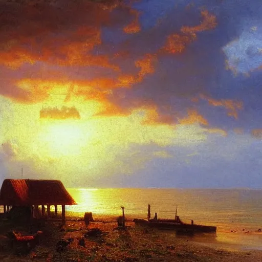 Prompt: sunset over a wooden cabin on the coast in the distance, sea, oil painting, very detailed, colorful, cinematic lighting, albert bierstadt