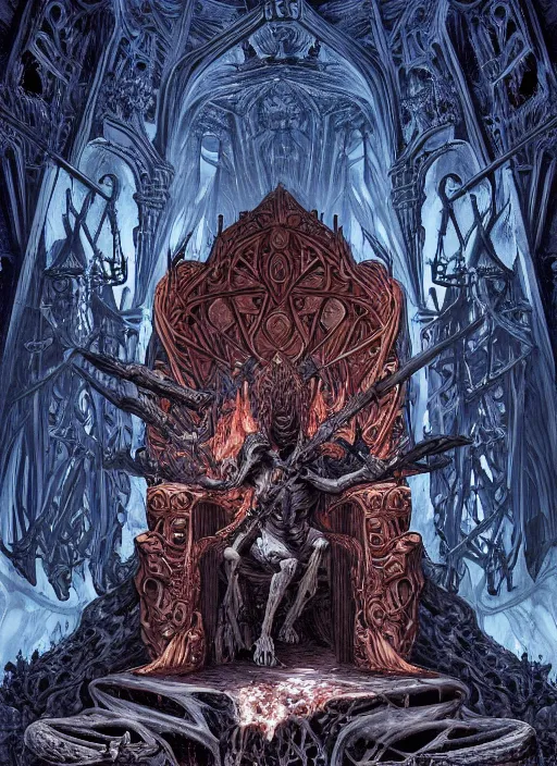 Image similar to a demon king on his throne of human bones in a faustian cave hellscape, fire, highly detailed, intricate, art nouveau, brutalist architecture, cinematic, wide angle, hellcore, epic lighting, red, blue, 4 k by brom, wayne barlowe