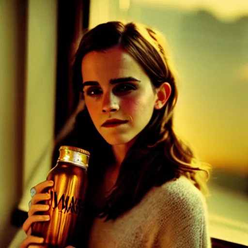 Image similar to Photograph of Emma Watson holding a 40 oz of malt liquor by the window. Golden hour, dramatic lighting. Medium shot. CineStill