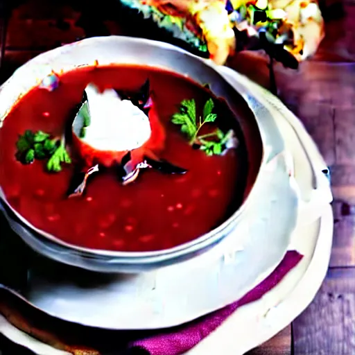 Prompt: a bowl of borscht wearing anime cat ears, award winning food photo, 4 k, delicious, polish food, high quality