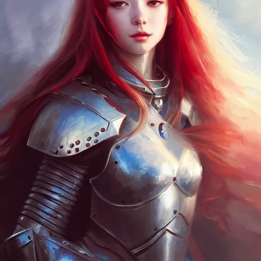 Image similar to girl in knight armor , long hair , red hair , portrait , made by Stanley Artgerm Lau, WLOP, Rossdraws, James Jean, Andrei Riabovitchev, Marc Simonetti, Yoshitaka Amano, ArtStation, CGSociety