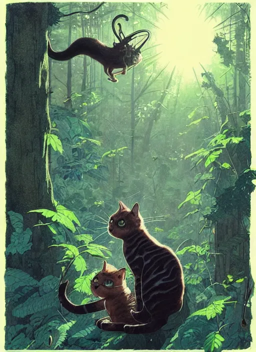 Image similar to a hyper realistic ink cat alien technology and sunbeams blue sky, lush forest foliage painting by chiara bautista and norman rockwell and greg rutkowski weta studio, and lucasfilm