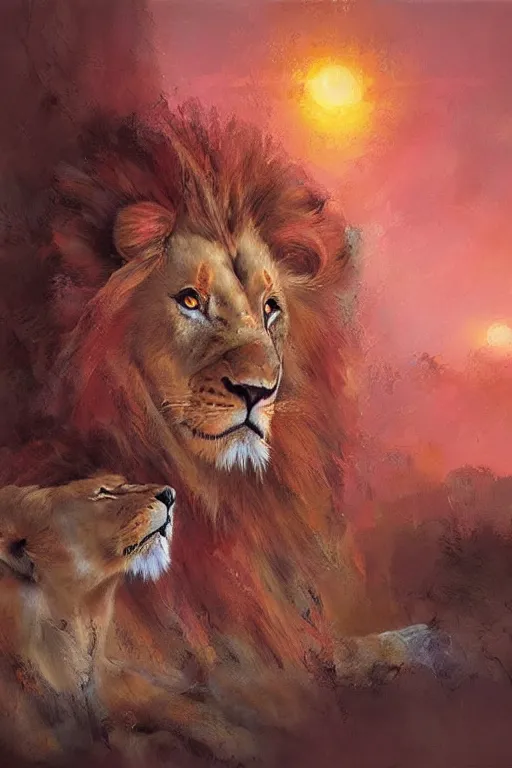 Prompt: spiritual twin flame lion art, pink sunset hue, highly detailed, oil painting hue, by craig mullins