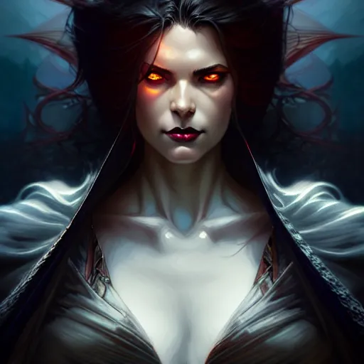 Image similar to An epic fantasy comic book style portrait of a female vampire, stormy setting, movie lightning, intricate, elegant, highly detailed, digital painting, artstation, concept art, matte, sharp focus, illustration, art by Artgerm and Greg Rutkowski and Alphonse Mucha