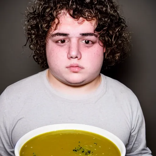 Image similar to flash photography of chubby 18 year old teenage boy with long curly brown hair puking. He is covered in soup. Disgusting horrible mess