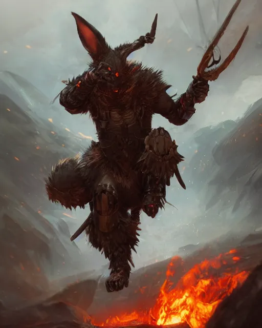 Prompt: oil painting of Angry Anthropomorphized Rabbit Berserker, wearing armor, claws, sharp focus, attack pose, fantasy style, octane render, volumetric lighting, 8k high definition, by greg rutkowski, highly detailed, trending on art Station, magic the gathering artwork, burning Battlefield background, centered