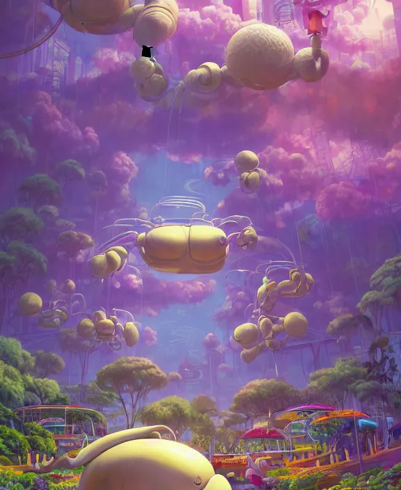 Image similar to simplicity, an elegant amusement park made out of seamless fat asymmetrical organic creatures, in the style of an aerodynamic blobby robot, overgrown with orchids, partly cloudy, sun - drenched, dramatic lighting, by dan mumford, yusuke murata, makoto shinkai, ross tran, cinematic, unreal engine, cel shaded, featured on artstation, pixiv