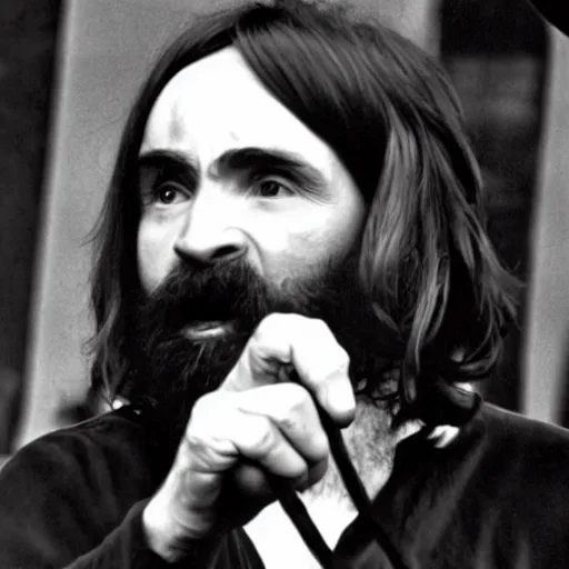 Image similar to charles manson singing with the beatles, black and white, portrait, high quality photography, realistic, detailed, uncropped, realistic face,