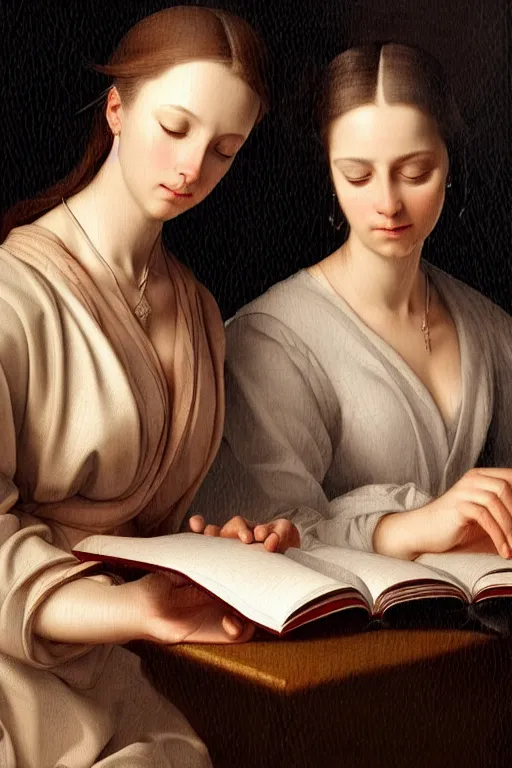 Image similar to portrait of two wise and very beautiful women reviewing some texts, art by tiziano, intricate, elegant, highly detailed, smooth, sharp focus, artstation