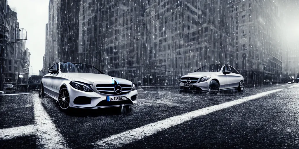 Prompt: mercedes c class standing on street on night direction into camera, white color, black wheels, white led spotlight, rainy day, ultra realistic, wallpaper,