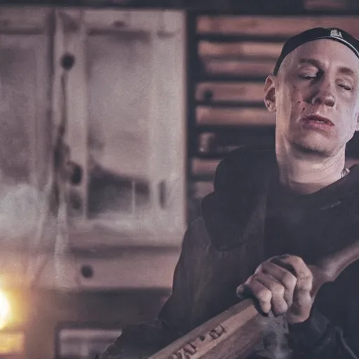 Prompt: Eminem as a butcher with axe in his hand, shot from professional camera, ultra realistic, rim light, beatiful vivid lights