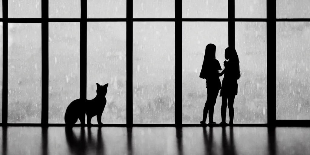 Prompt: silhouette of a girl and her cat, looking out a window on a rainy day, inside a cozy apartment, with a city view. atmospheric, moody, cozy, rainy day, backlit,