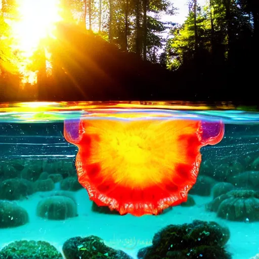 Image similar to jellyfish, mushroom, sun, water, forest