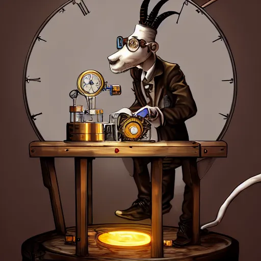 Prompt: a mad scientist goat in lab coat creating a time machine, steampunk style, digital art, trending on artstation and unreal engine, deviantart, smooth, hyper detailed, award - winning, hd