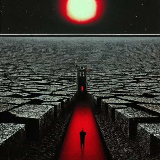 Image similar to astronaut standing in front of a big eerie hell cathedral on a destroyed planet, Zdzisław Beksiński style, black and red background, occult, photo realistic, dark atmosphere