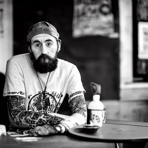 Prompt: black and white press photograph, highly detailed portrait of a depressed tattooed middle age man drug dealer sitting by the table, detailed face looking into camera, eye contact, natural light, mist, fashion photography, film grain, soft vignette, sigma 85mm f/1.4 1/10 sec shutter, Darren Aronofsky film still promotional image, IMAX 70mm footage