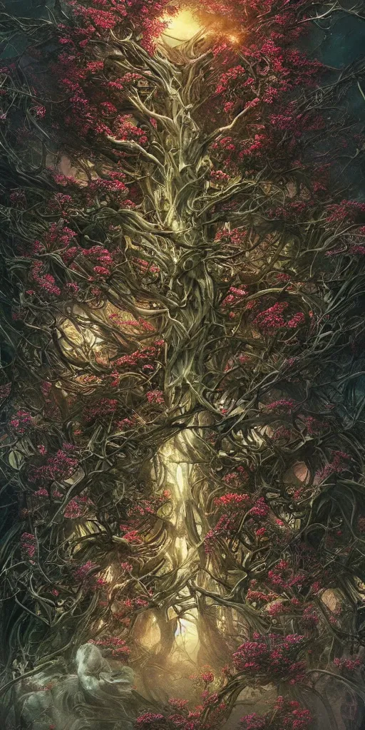 Prompt: a giant tree with many leves and flowers, scifi, futuristic, utopian, machine parts, body parts, wires, circuits, highly detailed, octane render, cinematic, ayami kojima, karol bak, greg hildebrandt, and mark brooks, hauntingly surreal, gothic, highly detailed and intricate, rich deep colors.