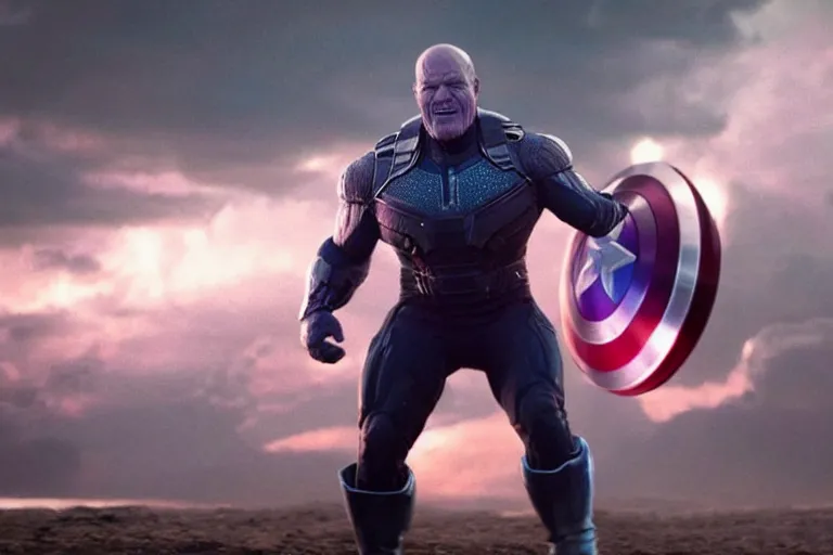 Prompt: promotional image of bald Bryan Cranston as Thanos in Avengers: Endgame (2019), dynamic action shot, movie still frame, promotional image, imax 70 mm footage