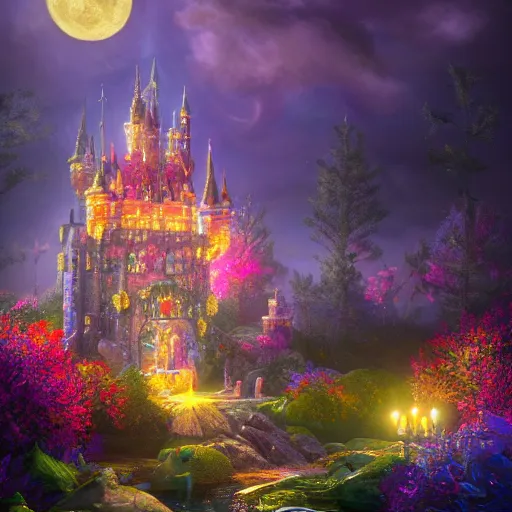 Image similar to a single glittering fairy castle at night, a full moon, water and colourful flowers, extremely detailed oil painting, unreal 5 render, fantasy digital art, octane render, beautiful composition, trending on artstation, award-winning photograph, masterpiece