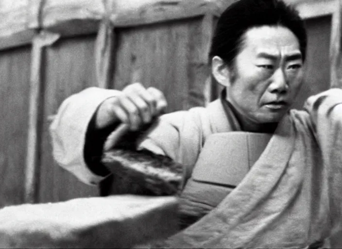 Image similar to a movie still of a samurai slicing through a loaf of bread, a movie by Akira Kurosawa