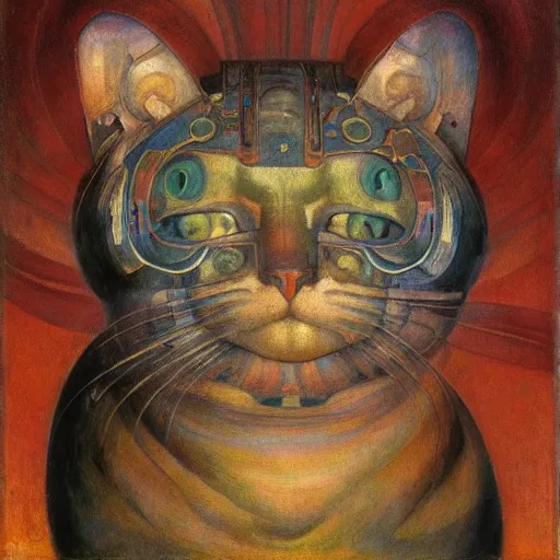 Prompt: masterpiece painting of a mechanical cat head, by annie swynnerton and diego rivera and nicholas roerich and jean delville, symbolist, dramatic lighting, god rays, elaborate geometric ornament, art brut, rich colors, smooth, sharp focus, extremely detailed, adolf wolfli and ( donato giancola )