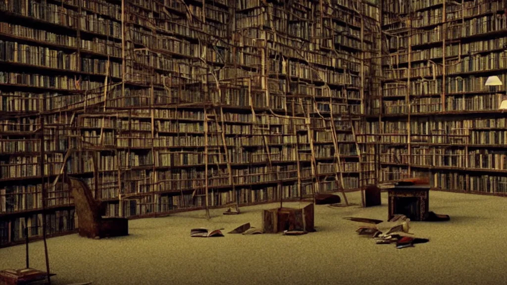 Prompt: the forgotten library, all our memories are dead, film still from the movie directed by denis villeneuve and david cronenberg with art direction by salvador dali and zdzisław beksinski, wide lens