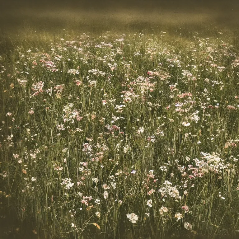 Image similar to atmospheric illustration of decaying bones in a meadow of flowers