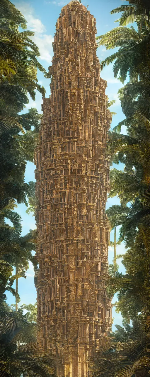 Image similar to photorealistic eye level babylon tower, golden intricate details, stone facade, sacred ancient architecture, hanging gardens, cascading highrise, arid mountains with lush palm forest, sunlight, post - production, octane, cgi, sfx