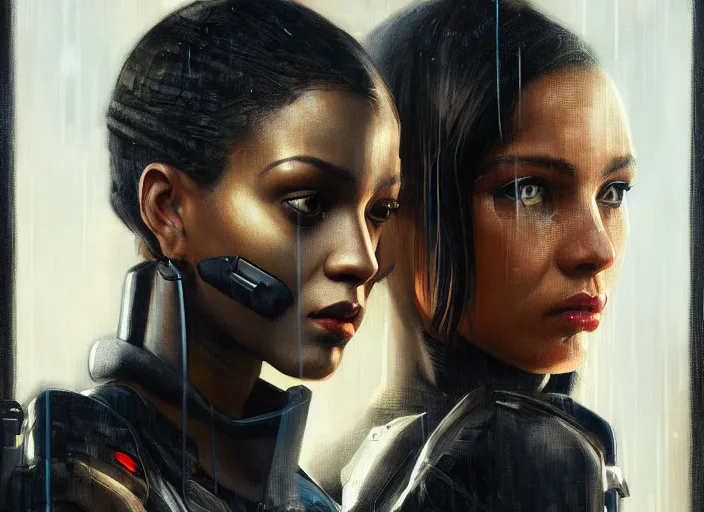 Image similar to Maria igwe. Cyberpunk female hacker wearing stealth suit hiding from police patrol (blade runner 2049, cyberpunk 2077). Orientalist portrait by john william waterhouse and James Gurney and Theodore Ralli and Nasreddine Dinet, oil on canvas. Cinematic, hyper realism, realistic proportions, dramatic lighting, high detail 4k