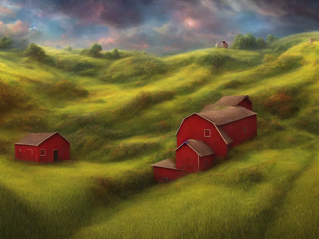 Image similar to Intricate detailed lush ravine with a single isolated red barn next to a wheat crop at noon. Wide angle shot, surreal, dreamlike, Artstation, Thomas Chamberlain-Keen