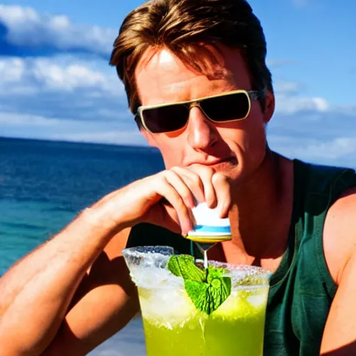 Prompt: marty mcfly drinking a mojito on the beach