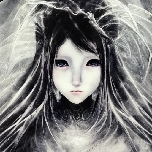 Image similar to Yoshitaka Amano blurred and dreamy illustration of an anime girl with black eyes, wavy white hair and cracks on her face wearing elden ring armour with the cape fluttering in the wind, abstract black and white patterns on the background, noisy film grain effect, highly detailed, Renaissance oil painting, weird portrait angle