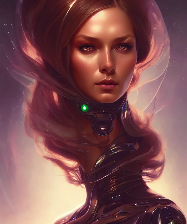 Image similar to futuristic woman portrait, sci-fi, amber eyes, face, long hair, fantasy, intricate, elegant, highly detailed, digital painting, artstation, concept art, smooth, sharp focus, illustration, art by artgerm and greg rutkowski and alphonse mucha