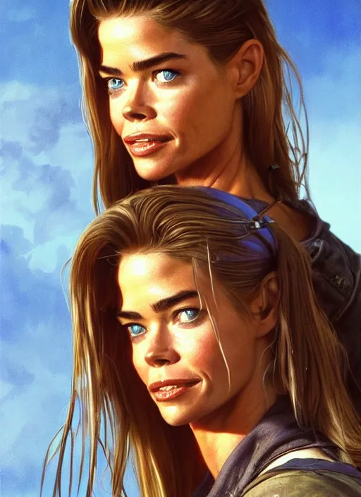 Image similar to portrait of a 25 year old Denise Richards as a mechanic character in Mad Max, looking at camera, intricate, dystopian, sci-fi, extremely detailed, digital painting, artstation, concept art, smooth, sharp focus, illustration, soft lighting, incredible art by artgerm and greg rutkowski and alphonse mucha and simon stalenhag