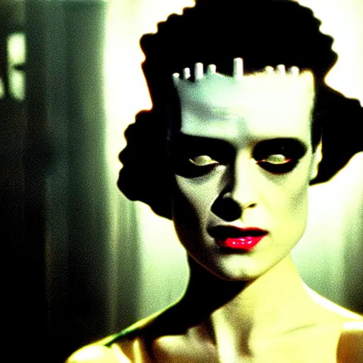 Image similar to cinematic portrait of surprised kristen mcmenamy as bride of frankenstein as a replicant in a busy nightclub,, still from the movie bladerunner, fashion photography, a sign is in the background, 8 k, high detail, face in focus