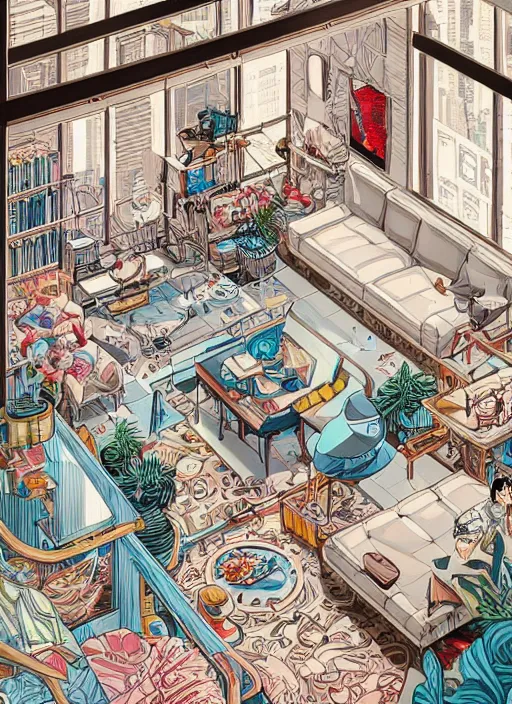 Prompt: cool trendy penthouse apartment interior, extremely detailed, sharp focus, wide view, full body shot, smooth, digital illustration, by james jean, by rossdraws, mcbess, sakimichan