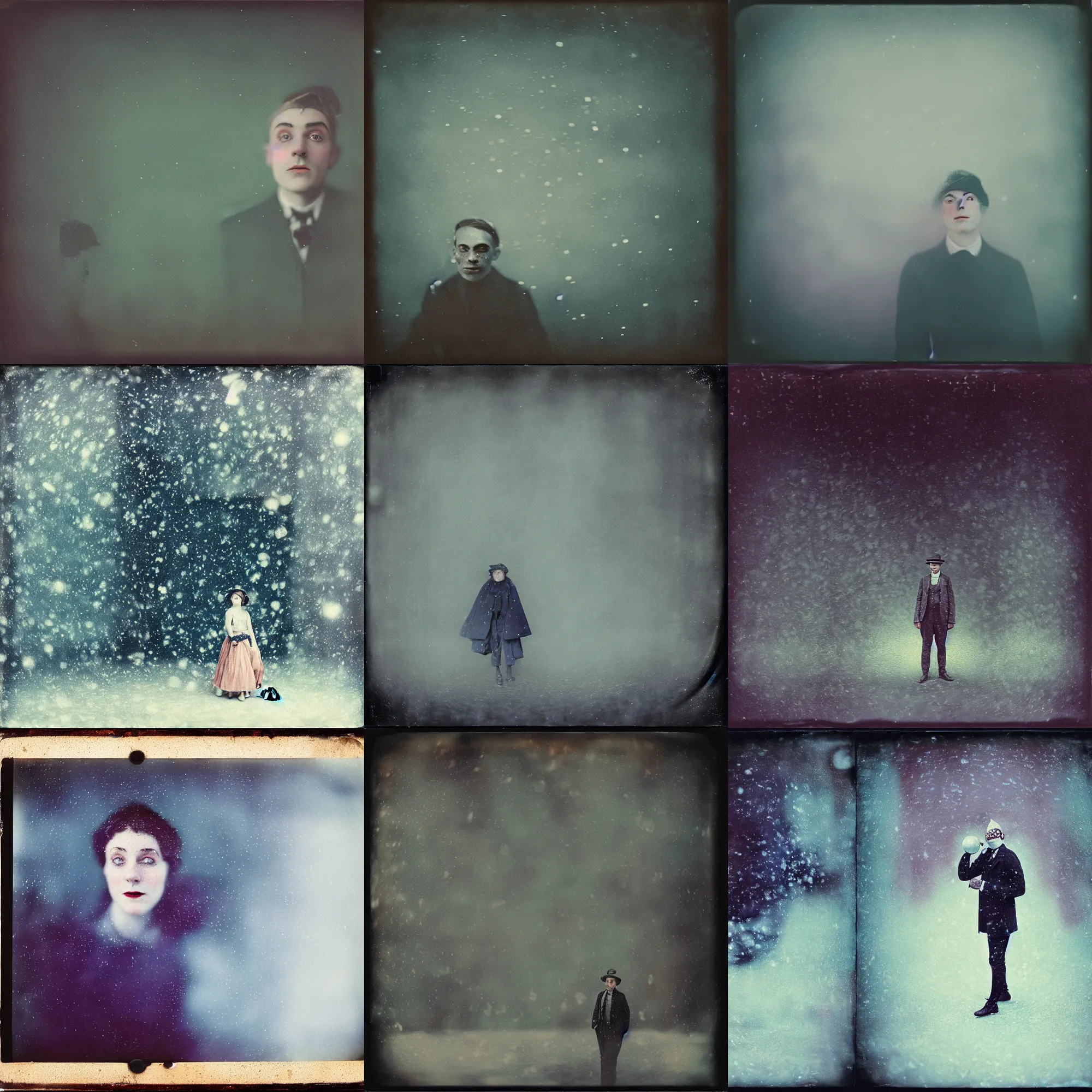 Prompt: kodak portra 4 0 0, wetplate, muted colours, blueberry, 1 9 1 0 s style, motion blur, portrait photo of a backdrop, sparkling, stargazer, snow, fog, by georges melies and by britt marling