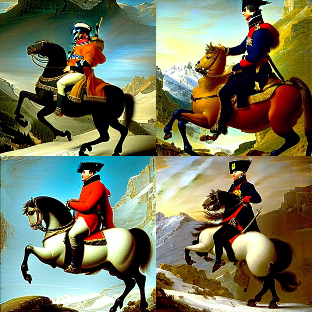 Prompt: Napoleon Bonaparte riding an electric scooter on the Alps, intricate details, intricately detailed clothing, oil on canvas by Jacques-Louis David, 8k