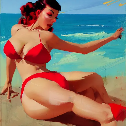 Prompt: pinup of iza in a red bikini thong, artwork by greg manchess, medium shot, asymmetrical, organic painting, sunny day, matte painting, bold shapes, hard edges, street art, trending on artstation, by huang guangjian and gil elvgren and sachin teng