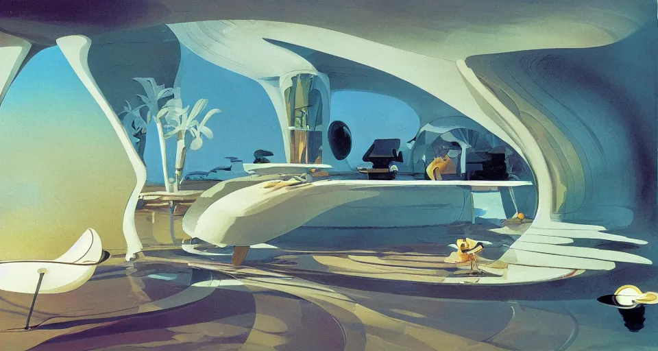 Image similar to nacre seashell house, atmospheric cinematography by syd mead and chuck jones