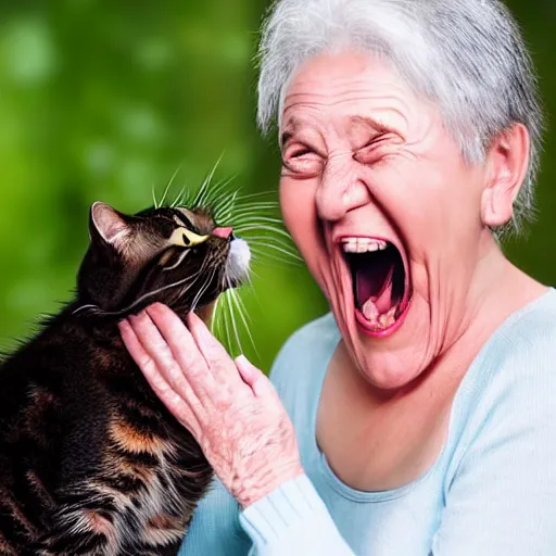 Image similar to an old woman opening her mouth extremely wide and a cat jumping into it