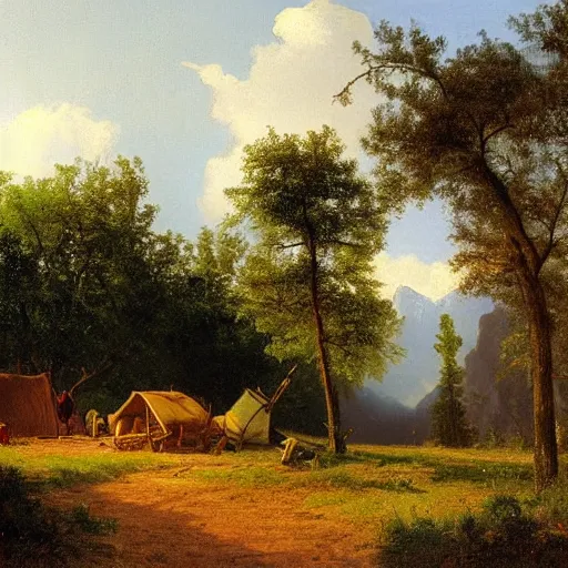 Prompt: A painting of a small camp on the side of a dirt road, painting by Albert Bierstadt